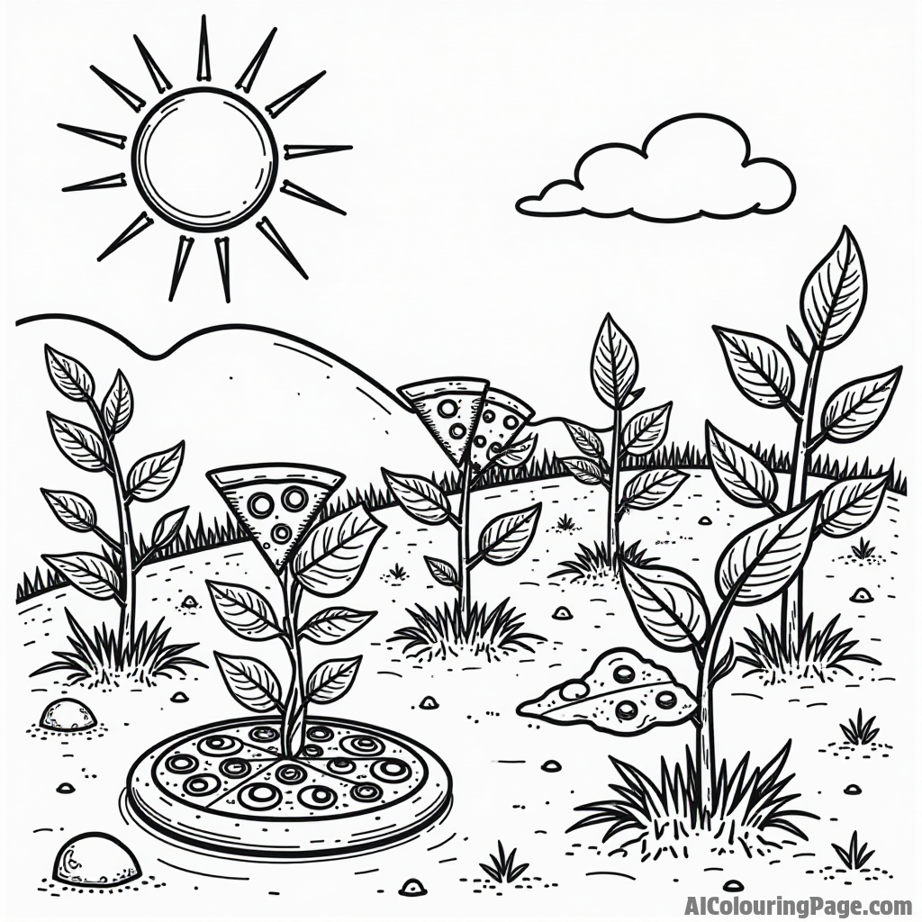 A magical pizza garden with pizza plants growing, featuring various toppings like olives and cheese, under a bright sun.