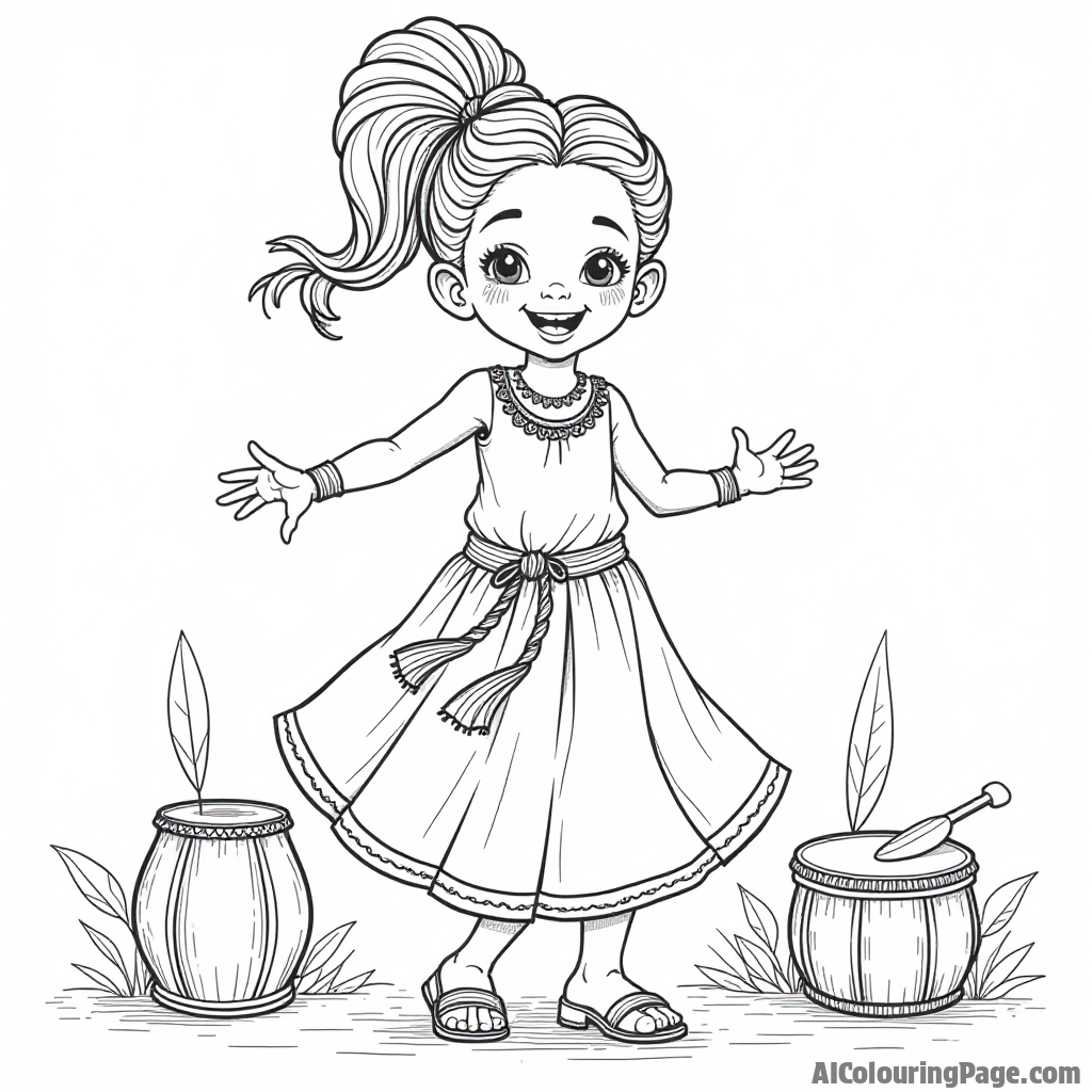 A young girl in traditional African attire dancing joyfully, with musical instruments around, highlighting cultural heritage and expression, crafted for a children's black and white coloring activity.