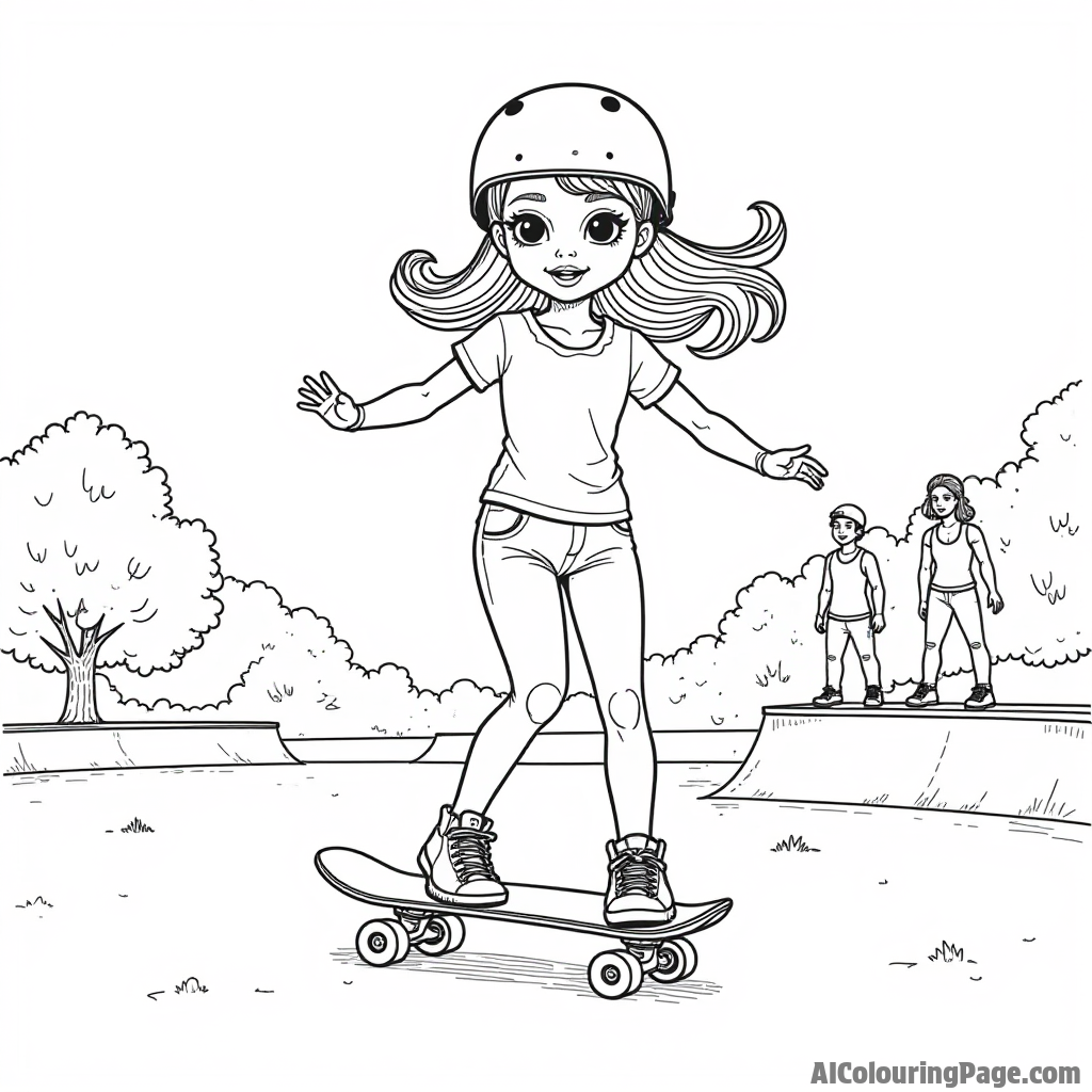 A doll riding a skateboard at a park, performing tricks with a helmet on, while friends cheer her on nearby.