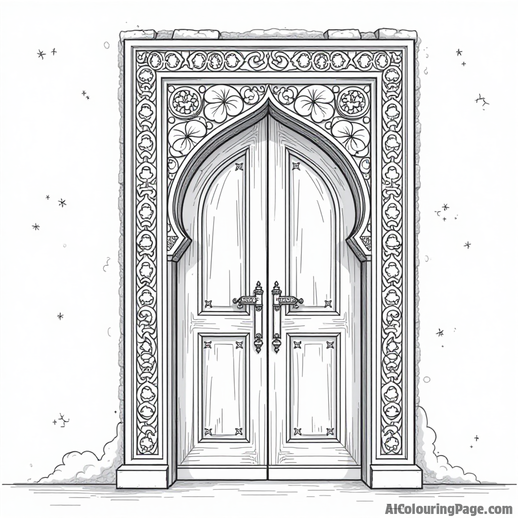 An ornate door of a mosque, adorned with beautiful carvings and patterns, inviting children to explore the significance of the holy month. Festivals and Traditions Coloring Sheets.