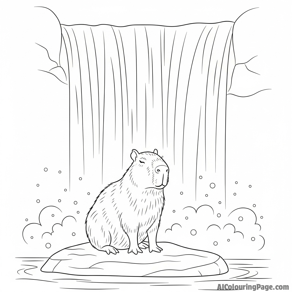 A capybara enjoying the mist from a large waterfall.