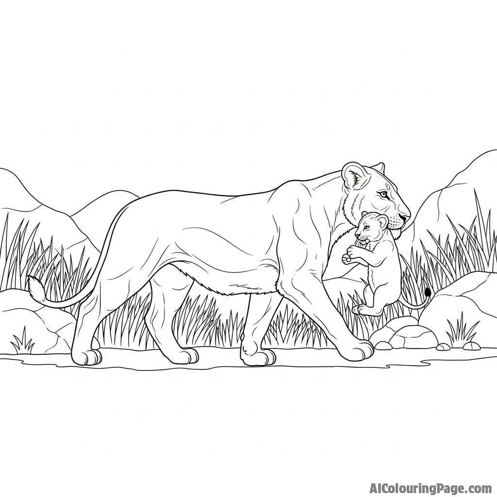 A lioness carrying a cub gently by the scruff of its neck through the wilderness.