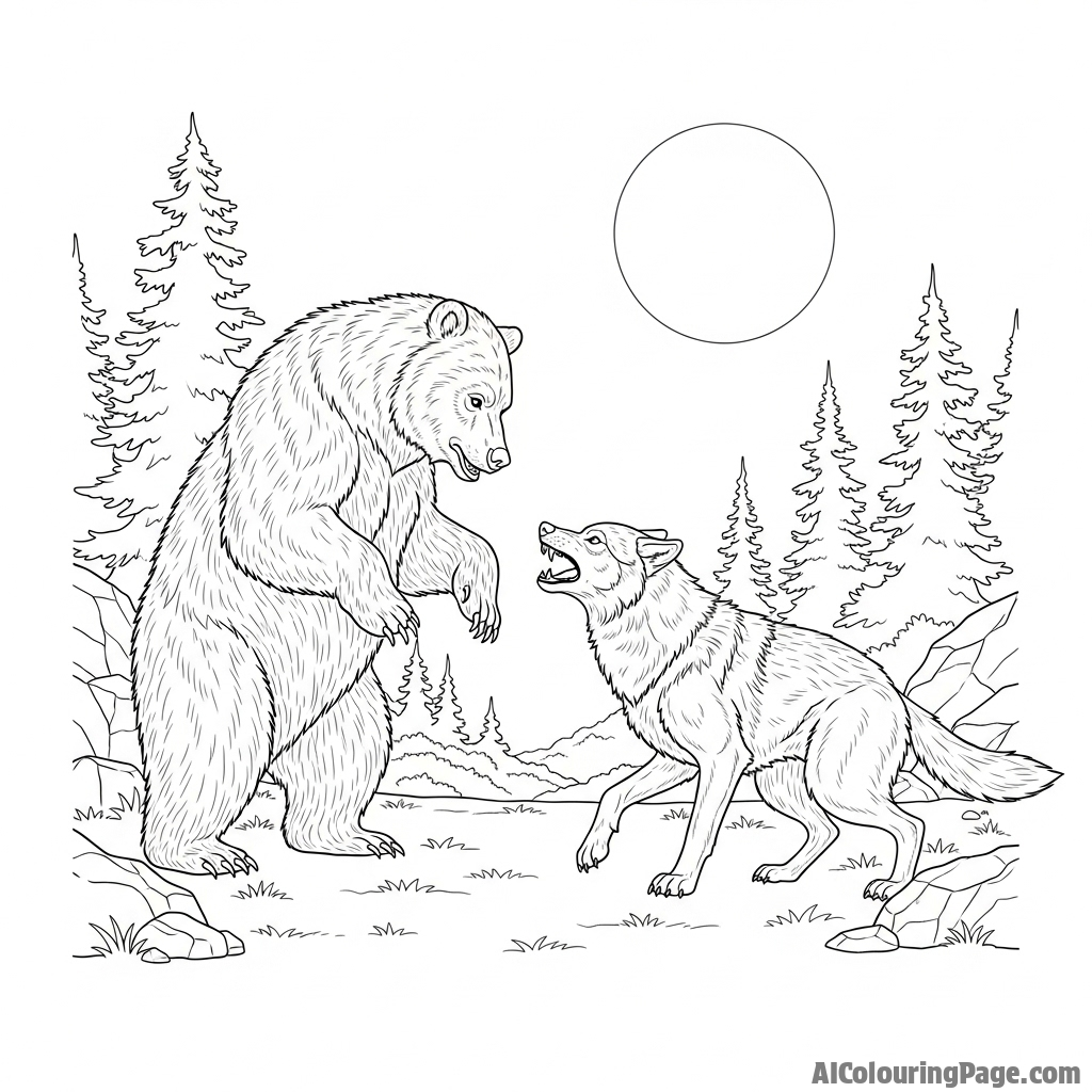 A bear and a wolf in a tense standoff in a moonlit clearing.