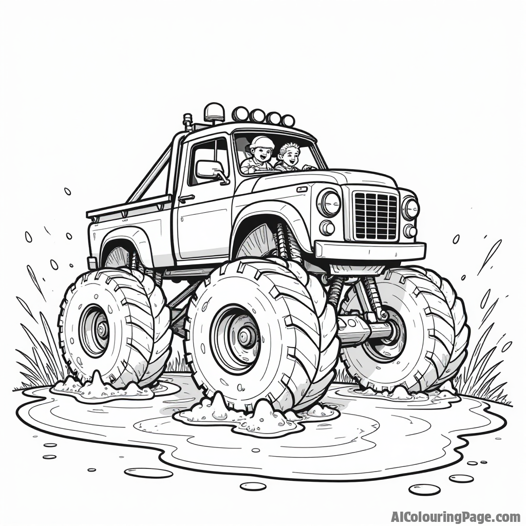 A monster truck splashing through a muddy puddle, sending water everywhere, with kids laughing in raincoats nearby, creating a playful and lively scene for children to color.