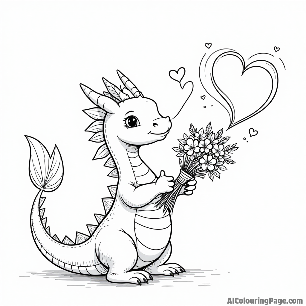 A friendly dragon blowing heart-shaped smoke rings while holding a bouquet of flowers for Valentine’s Day celebration