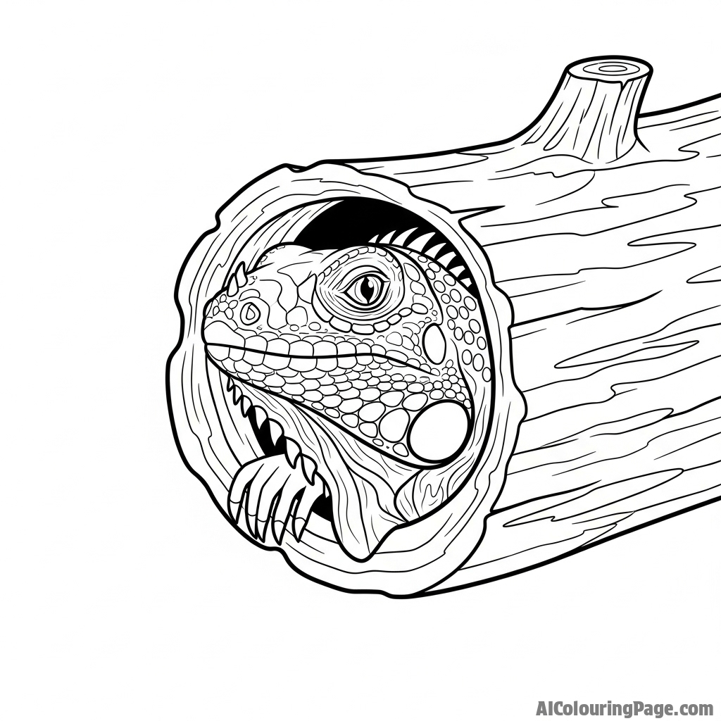 An iguana looking out from inside a hollow log, its head framed by the opening.