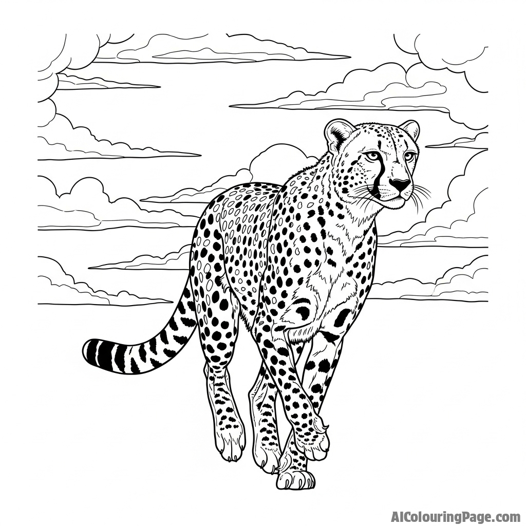 A cheetah's form defined by dramatic chiaroscuro lighting under a stormy, atmospheric sky.
