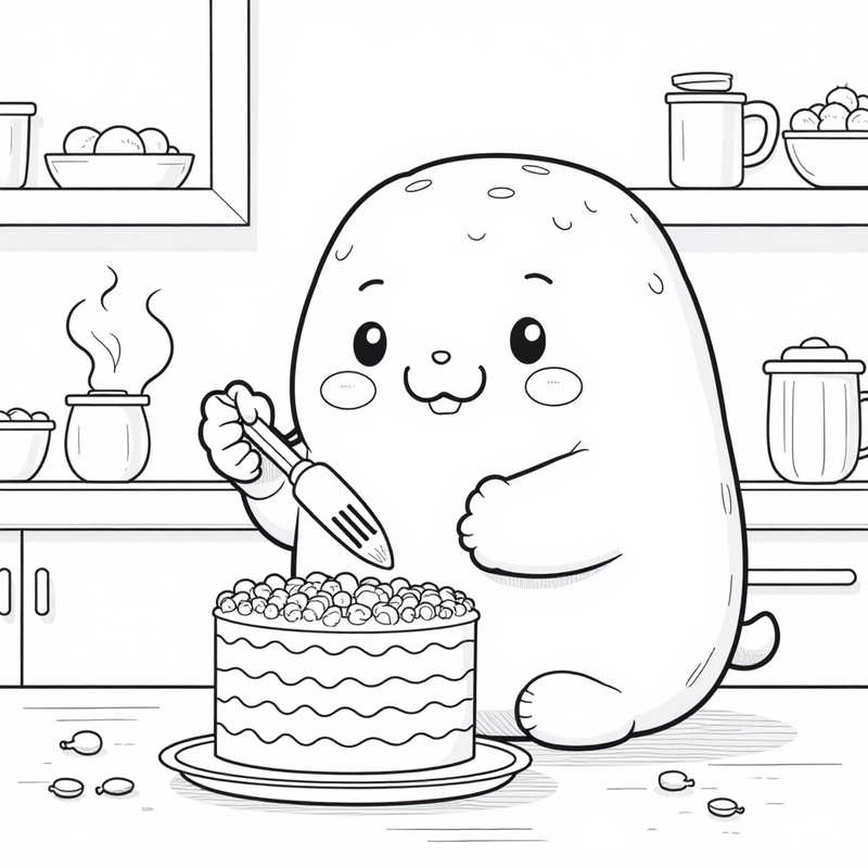 Squishmallow baking a cake in a kitchen