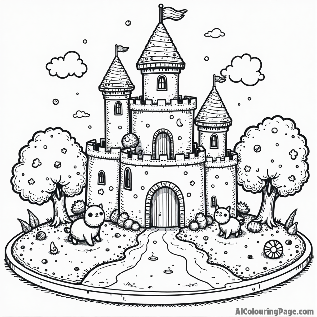 A magical pancake castle with syrup rivers and candy trees, inhabited by cute creatures enjoying a sweet feast