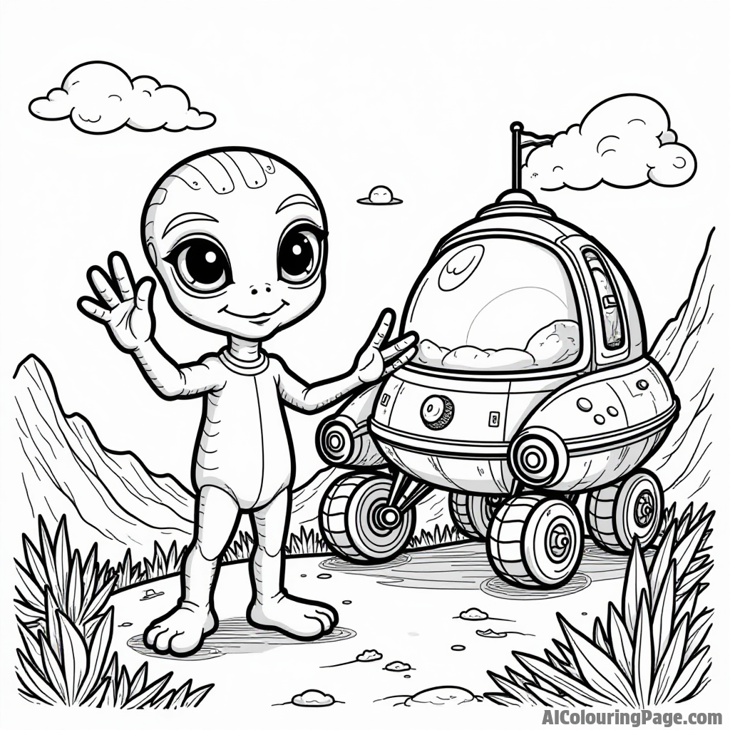 A friendly alien waving hello while standing next to a colorful spaceship parked on a vibrant, alien landscape.