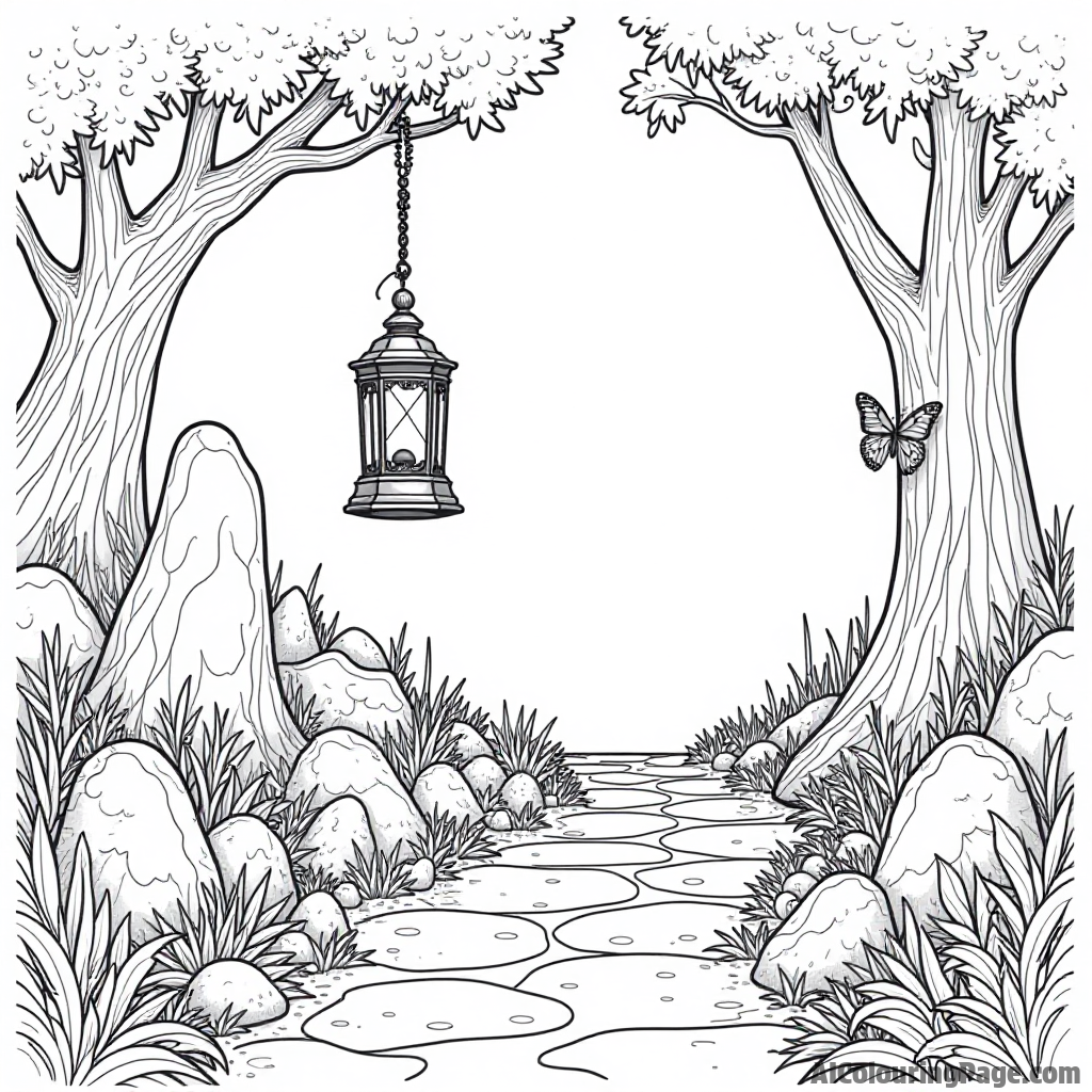 A magical lantern glowing in the dark, illuminating a path lined with enchanted stones and mystical plants.