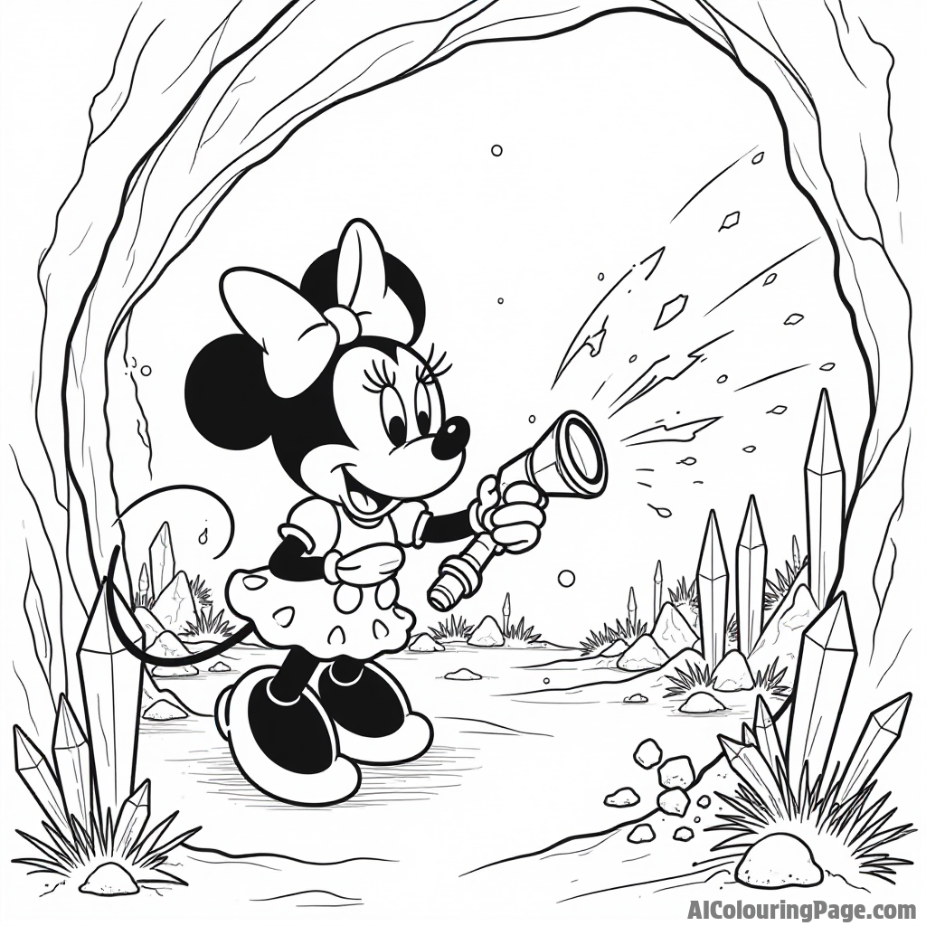 Minnie Mouse exploring a mystical cave, discovering sparkling crystals and ancient drawings, with a flashlight illuminating her path