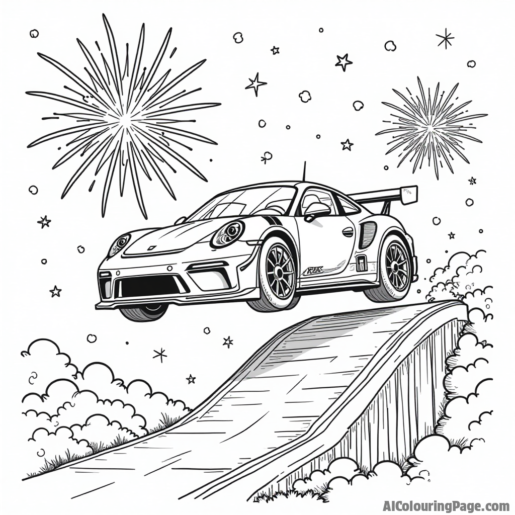 A race car jumping over a ramp with fireworks exploding in the background, capturing the thrill of stunts and celebrations, perfect for adventurous young artists.