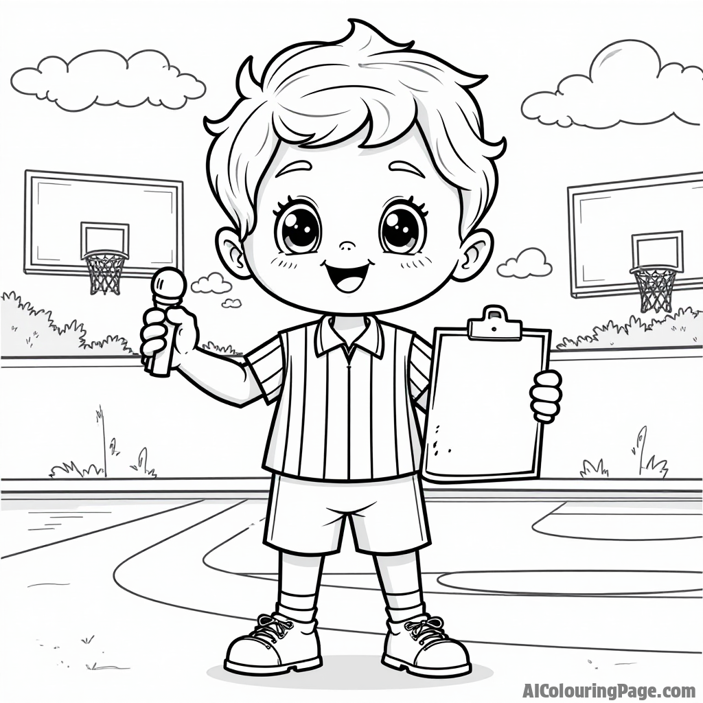 A cute character dressed as a referee holding a whistle and a clipboard, standing on a basketball court with a scoreboard in the background, designed for a children’s coloring page.