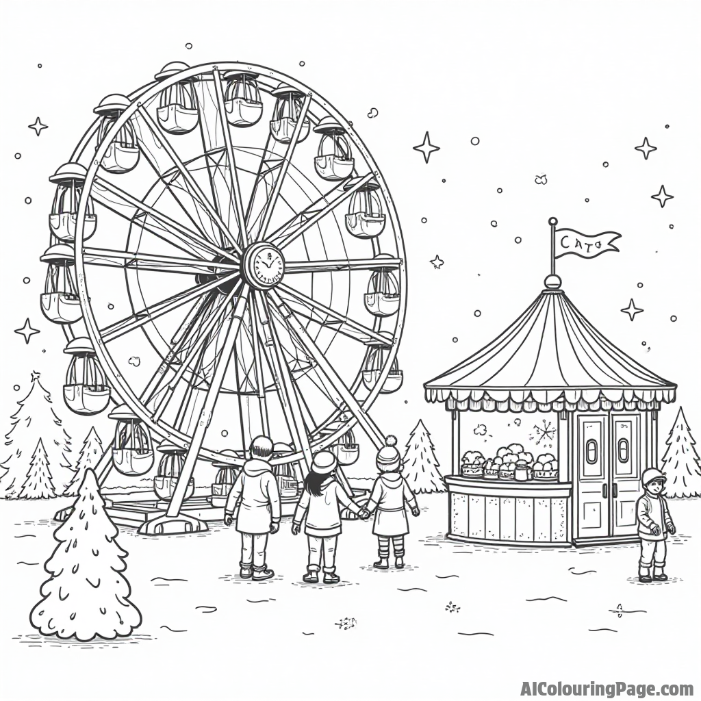 A whimsical winter carnival with a Ferris wheel, cotton candy stand, and children enjoying the festive atmosphere.