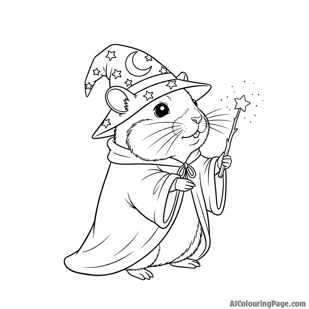 A hamster dressed as a tiny wizard, holding a glowing twig