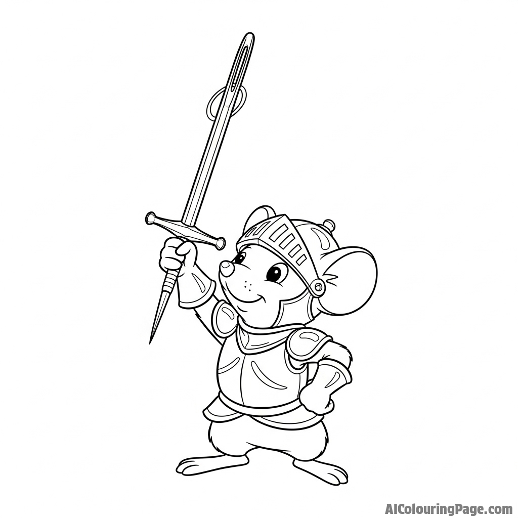 A brave mouse knight in tiny, polished armor, wielding a sewing needle as a sword.