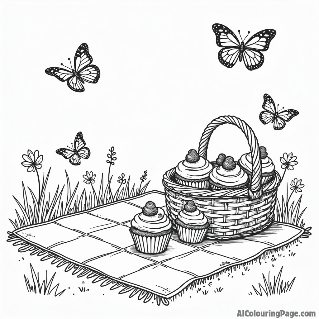 A cupcake picnic scene featuring a blanket, a basket filled with cupcakes, and playful butterflies fluttering around.