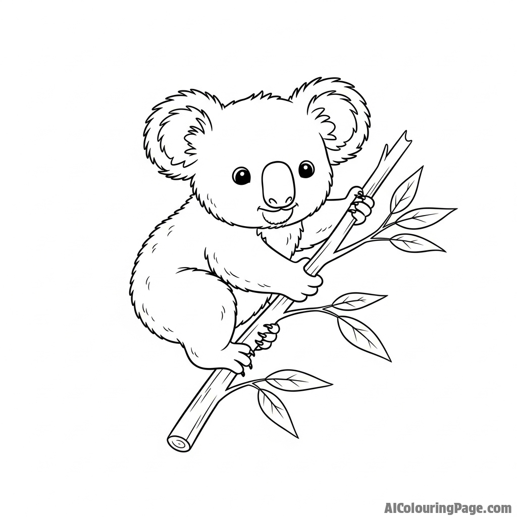 A tiny koala joey learning to climb on a small twig, its movements clumsy.