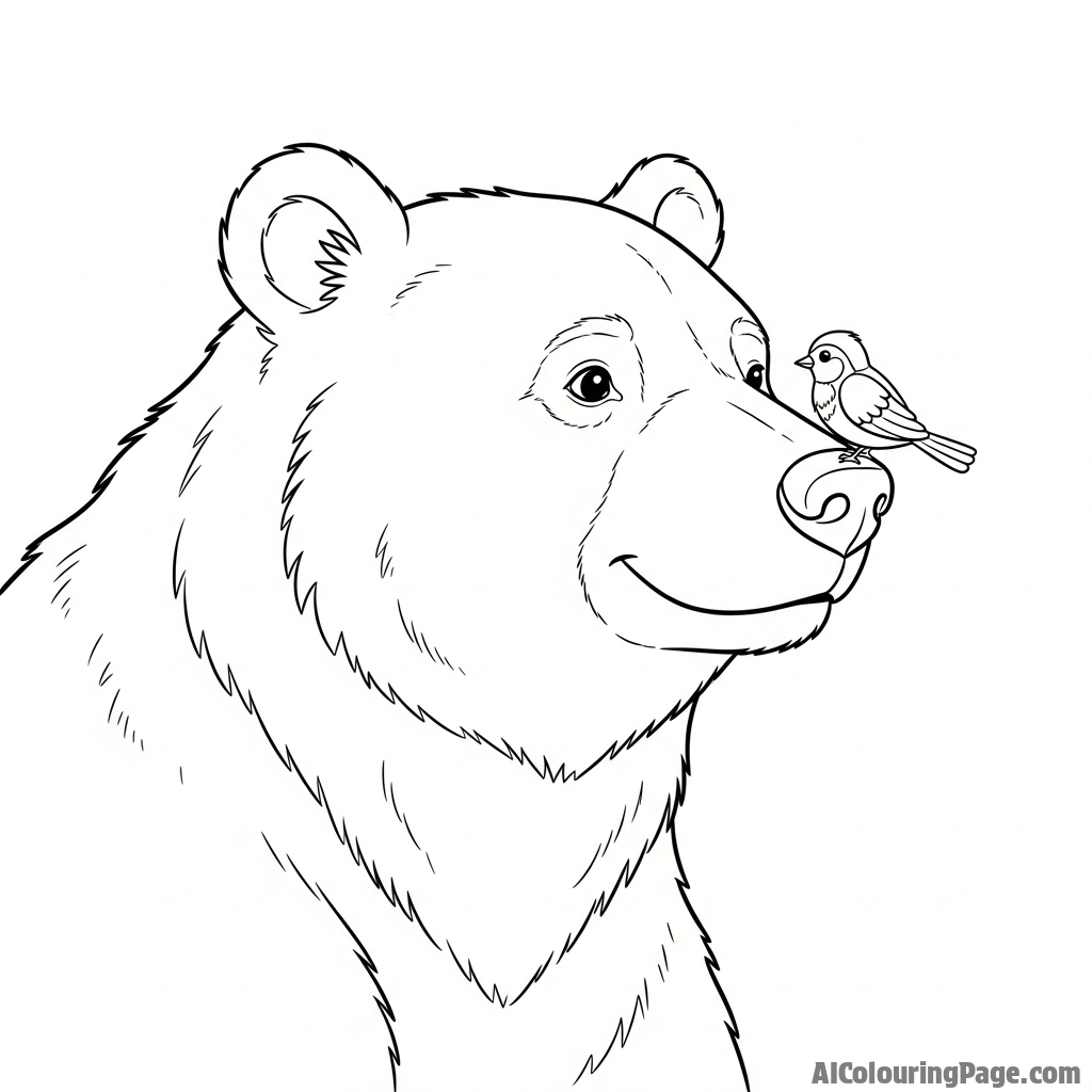 A gentle giant bear with a small bird perched on its nose.