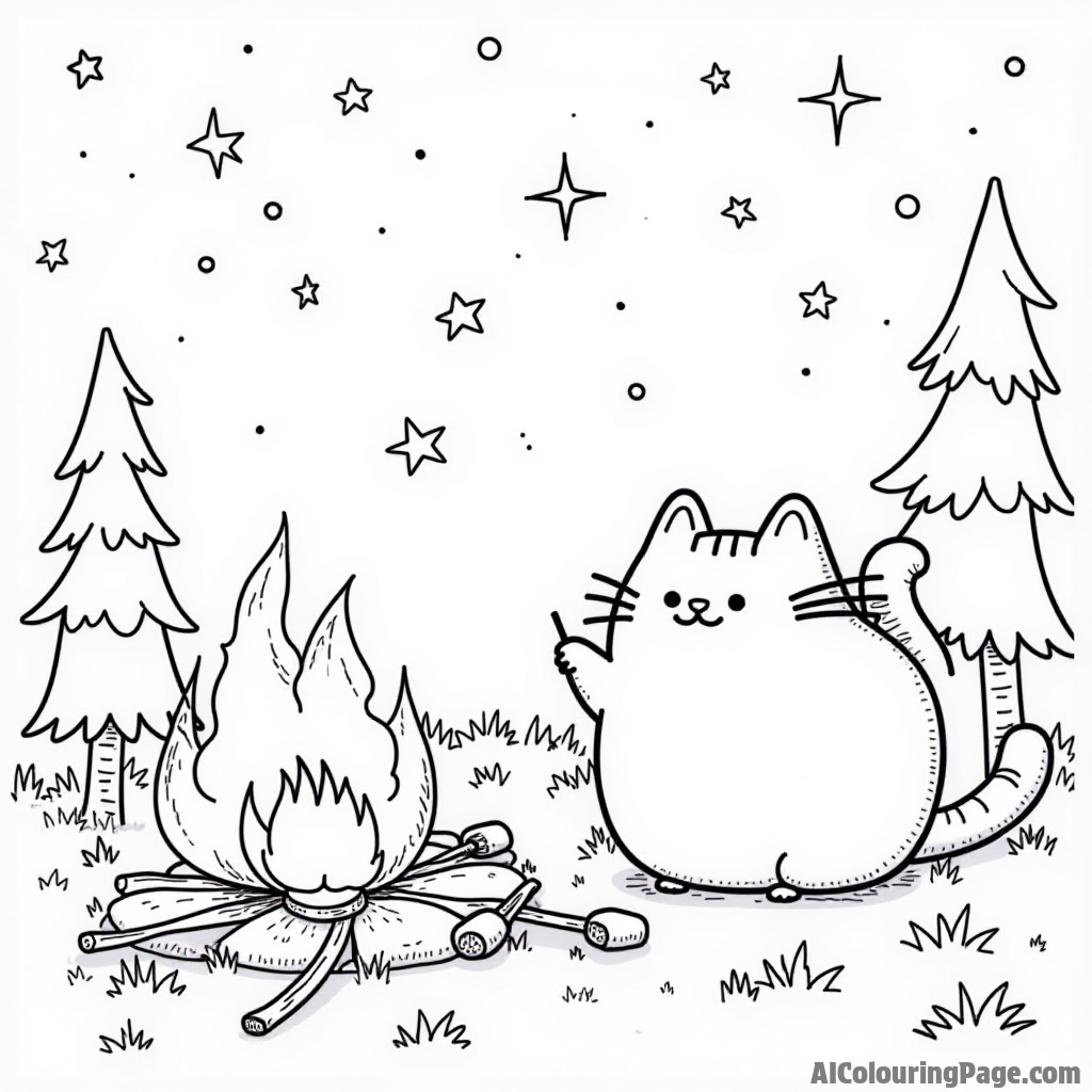 Pusheen camping under the stars next to a campfire with marshmallows roasting on sticks and trees around