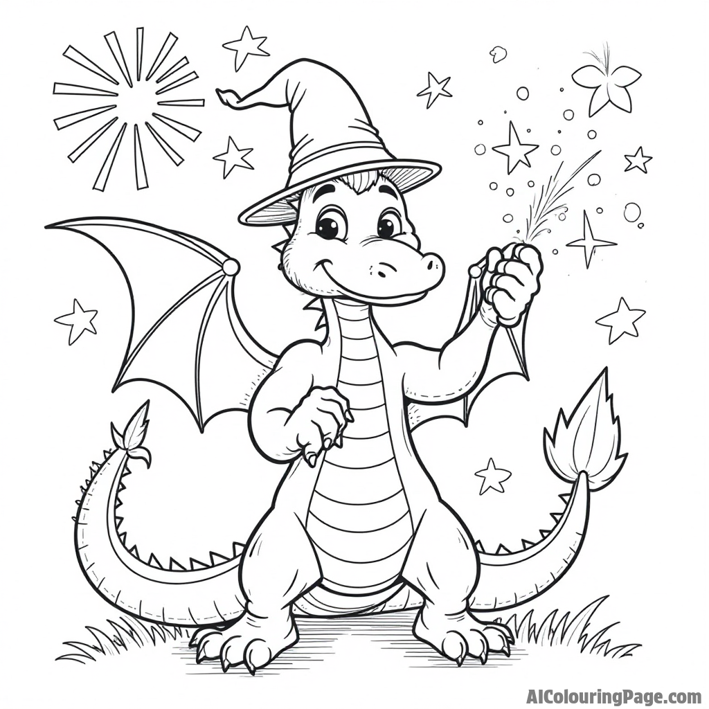 A dragon wearing a wizard hat casting spells with fireworks lighting up the night sky around it.