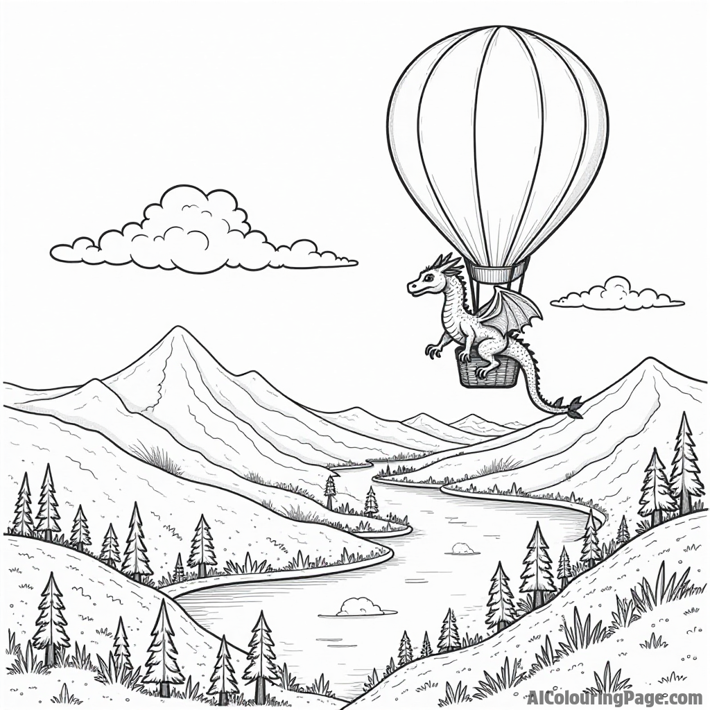 A dragon flying in a hot air balloon over a picturesque landscape filled with rolling hills and rivers.