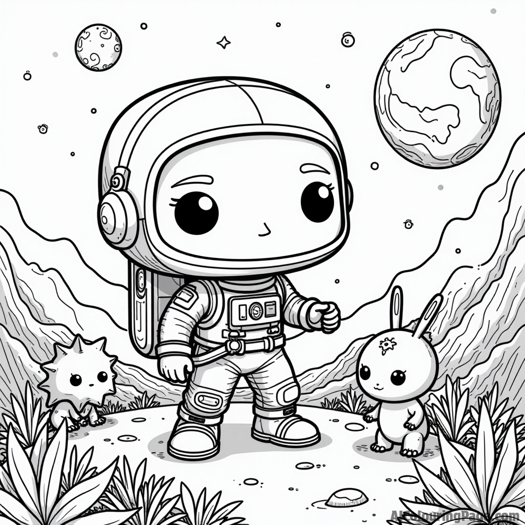 A Funko Pop astronaut exploring a colorful alien planet with friendly alien creatures, showcasing a fun and imaginative scene perfect for young explorers to express their creativity through coloring.