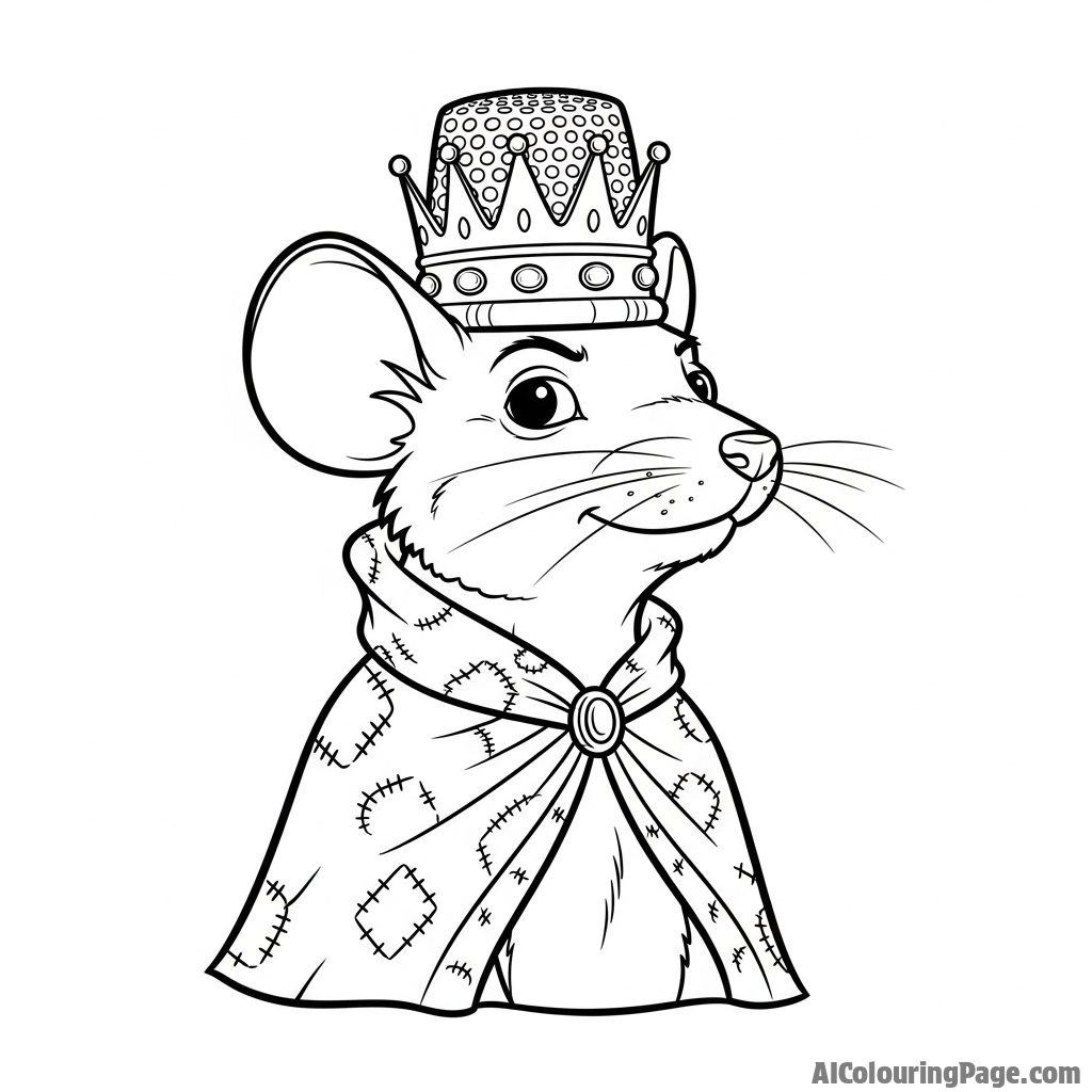 A portrait of a regal mouse king wearing a thimble crown and a scrap-fabric cape.