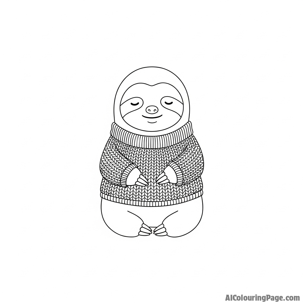A sloth wearing a tiny knitted sweater, looking cozy and content.