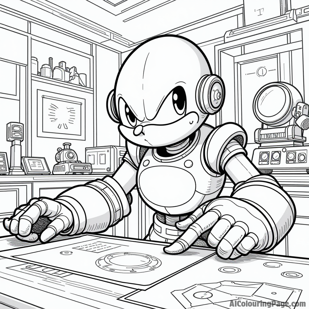 Dr. Eggman in his robotic lab, surrounded by quirky gadgets and blueprints while planning his next big invention for mischief.