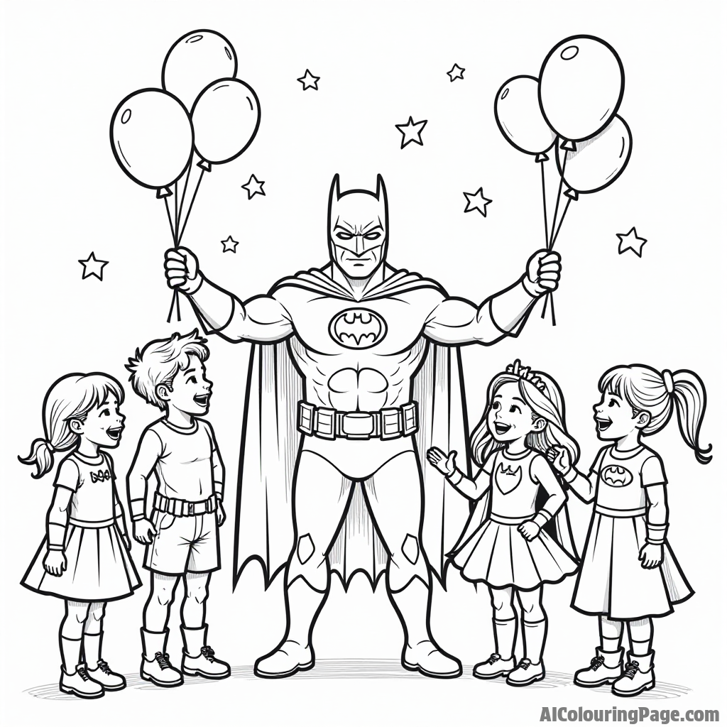 Batman hosting a superhero costume party with kids, surrounded by balloons, decorations, and laughter in a fun atmosphere.