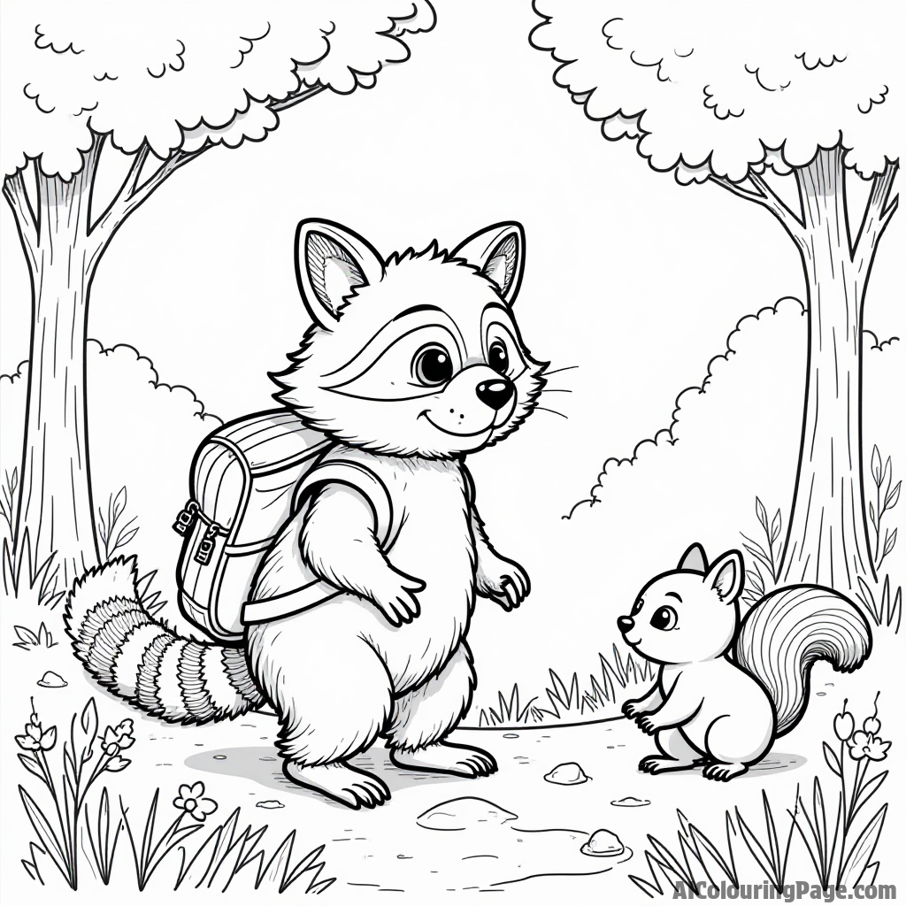 A cute raccoon exploring a forest with a backpack, surrounded by trees, flowers, and a curious squirrel watching nearby.