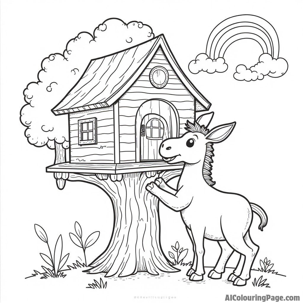 A donkey building a treehouse with friends, using wooden planks and ropes, with a rainbow in the sky