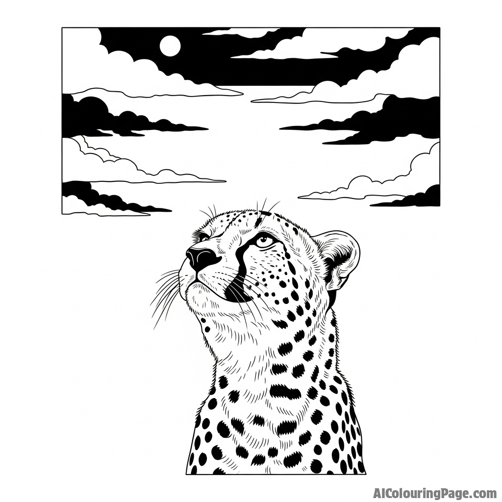 A cheetah looking up towards a darkening, ominous sky.