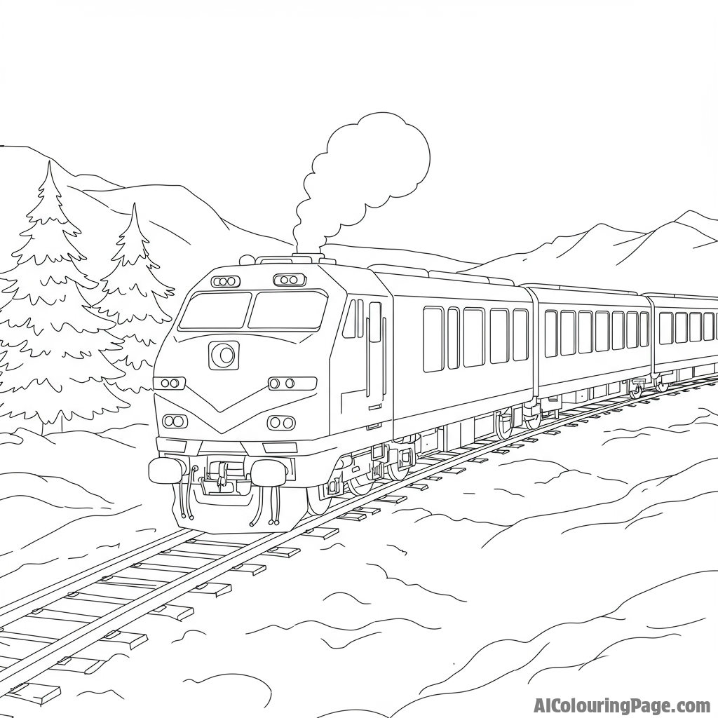 Train speeding through a snowy landscape, travel and adventure.