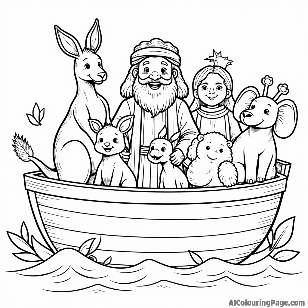 Noah surrounded by a group of happy animals, including a kangaroo, a peacock, and a baby elephant, on the ark.