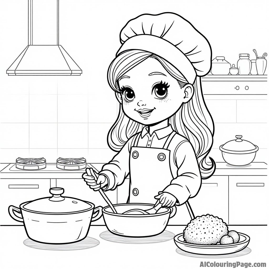 A doll dressed as a chef cooking in a kitchen, with pots, pans, and delicious ingredients scattered on the counter.