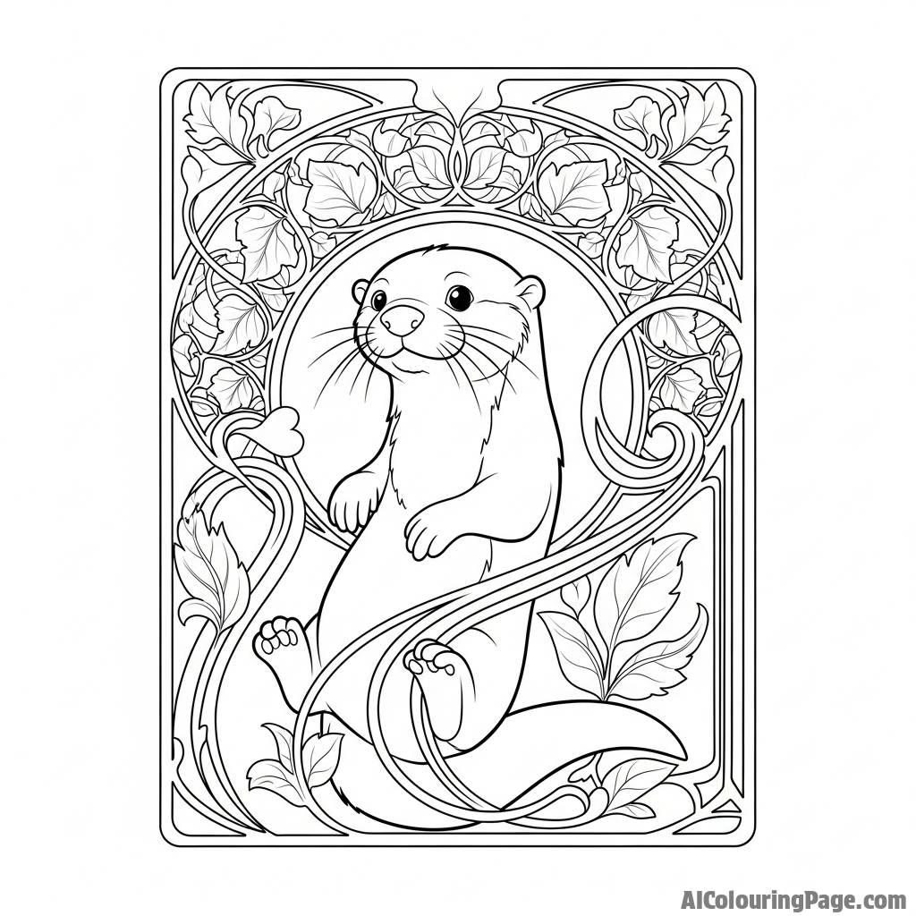 Art Nouveau illustration of an otter framed by flowing, organic lines.
