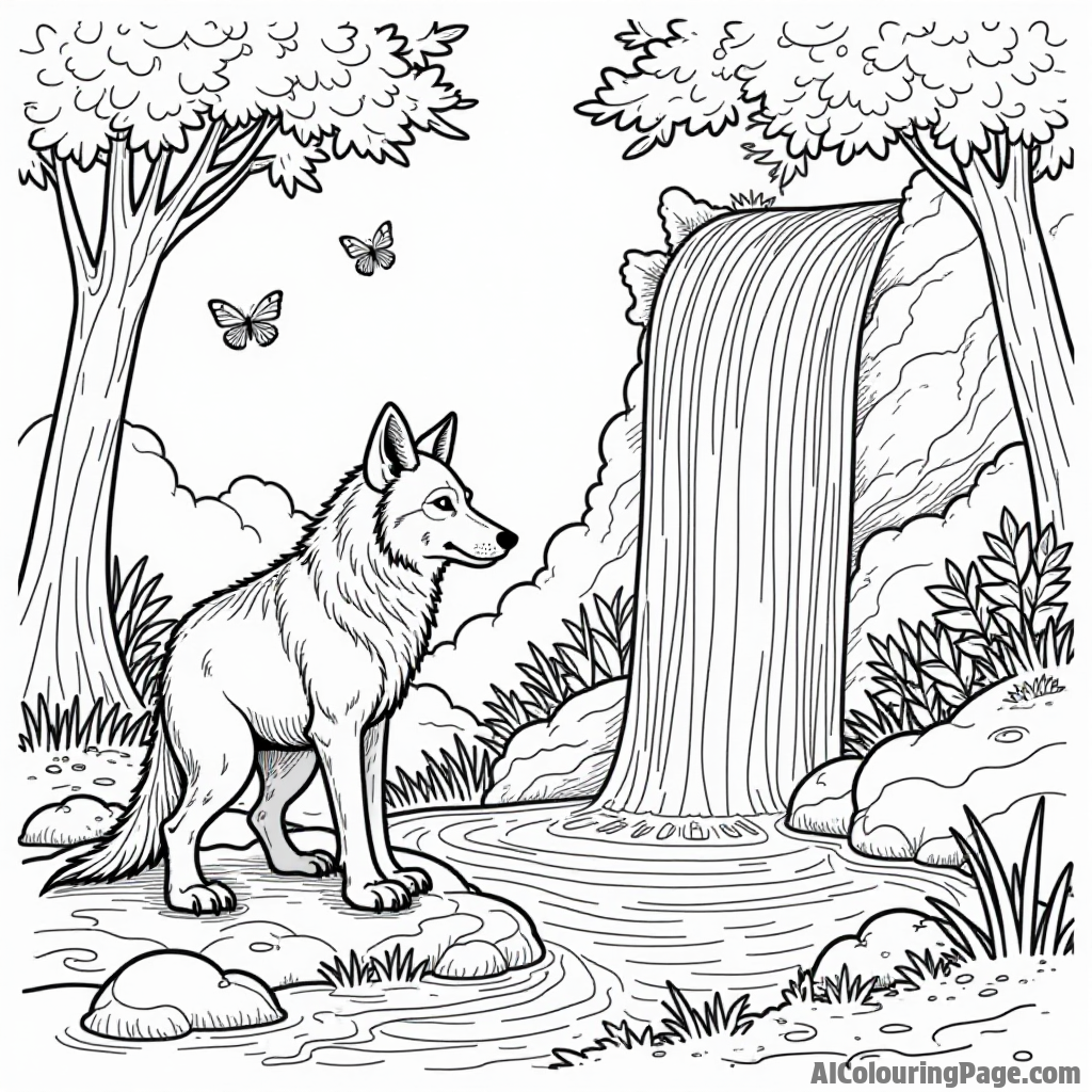 A werewolf discovering a hidden waterfall in a lush forest with butterflies and rainbow-colored fish swimming.