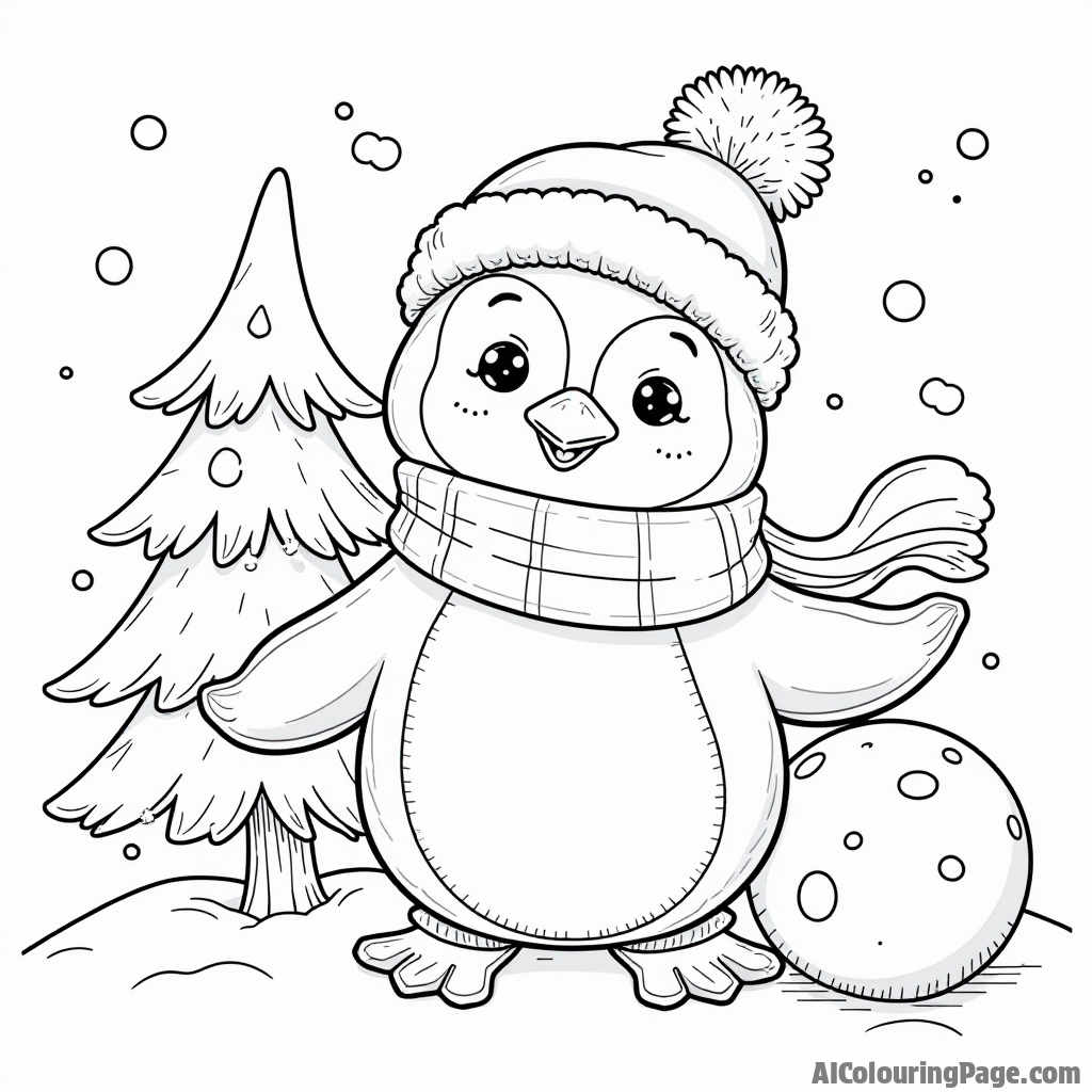 A penguin wearing a winter hat and scarf, holding a snowball while standing next to a snow-covered pine tree.