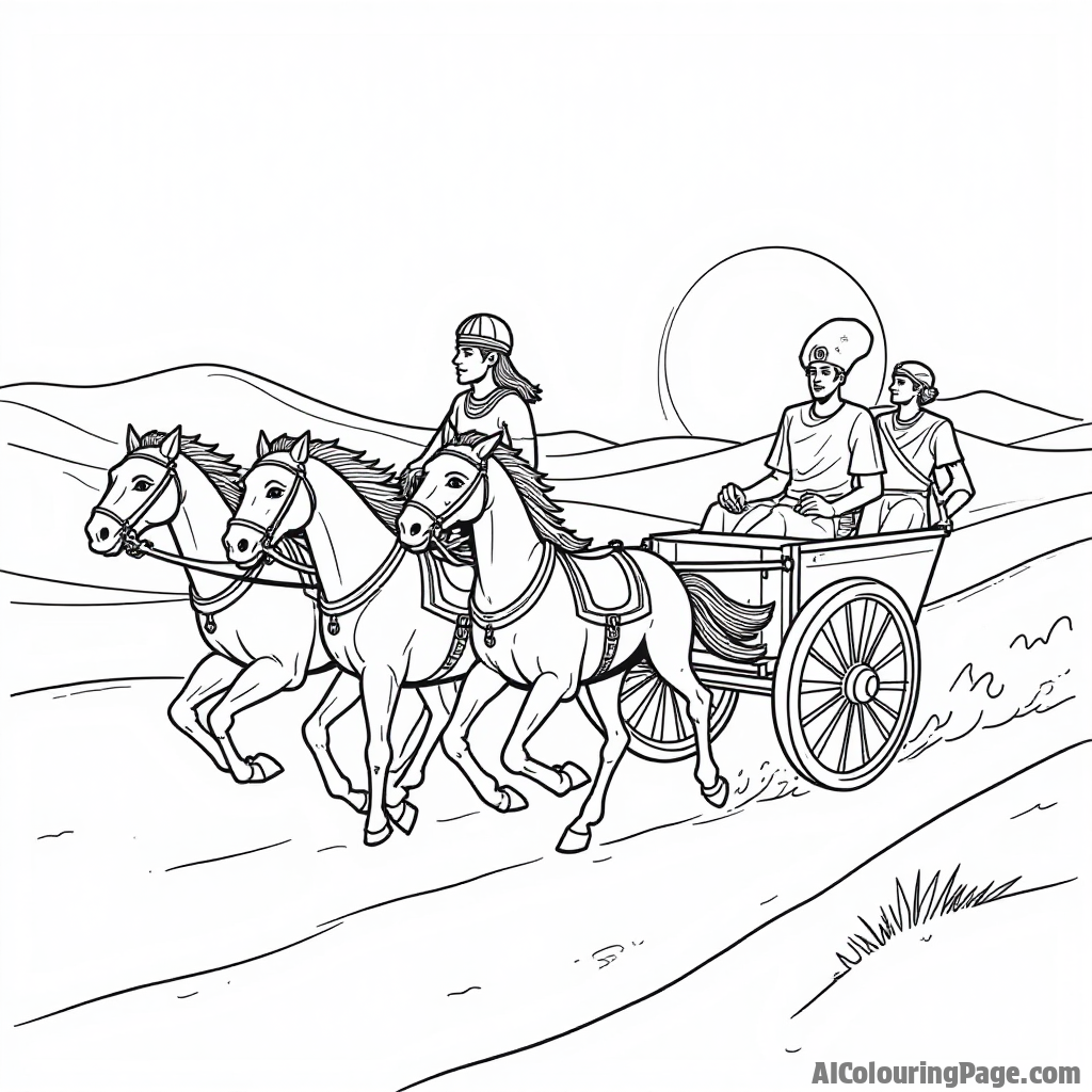 An ancient Egyptian chariot pulled by horses racing through the desert, with a backdrop of sand dunes and the setting sun, perfect for kids to imagine the adventures of ancient warriors.