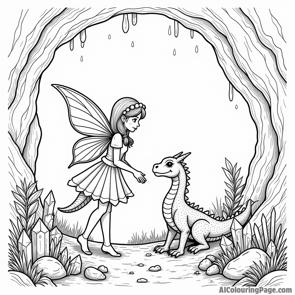 A fairy with a pet dragon exploring a hidden cave filled with glowing crystals and treasures