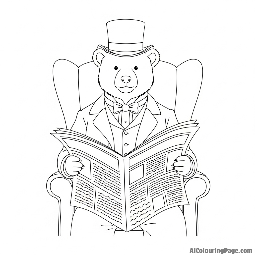 An anthropomorphic bear dressed as a Victorian gentleman, reading a newspaper.