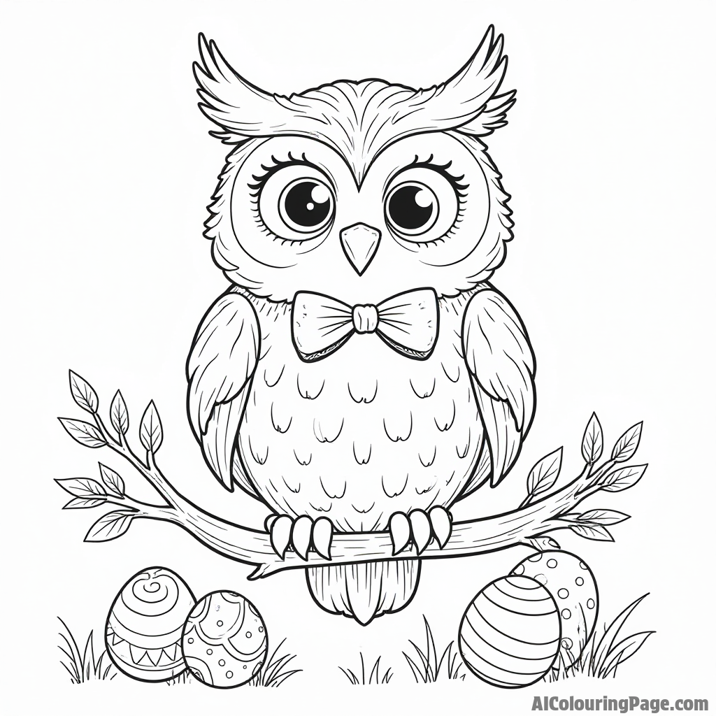 A cute owl perched on a branch, wearing a tiny bow tie and surrounded by Easter eggs and whimsical decorations.