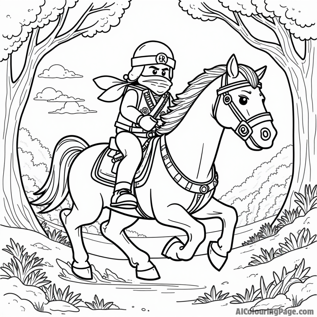 A Lego Ninjago character riding a majestic horse through a forest, with trees and wildlife in the background, capturing the essence of adventure and exploration for an engaging coloring page.