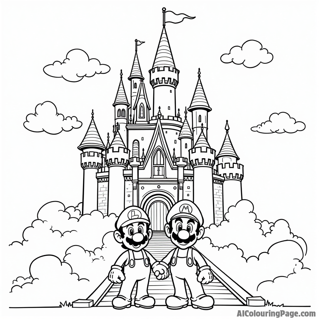 A magical castle in the clouds with Mario and Luigi standing proudly in front.