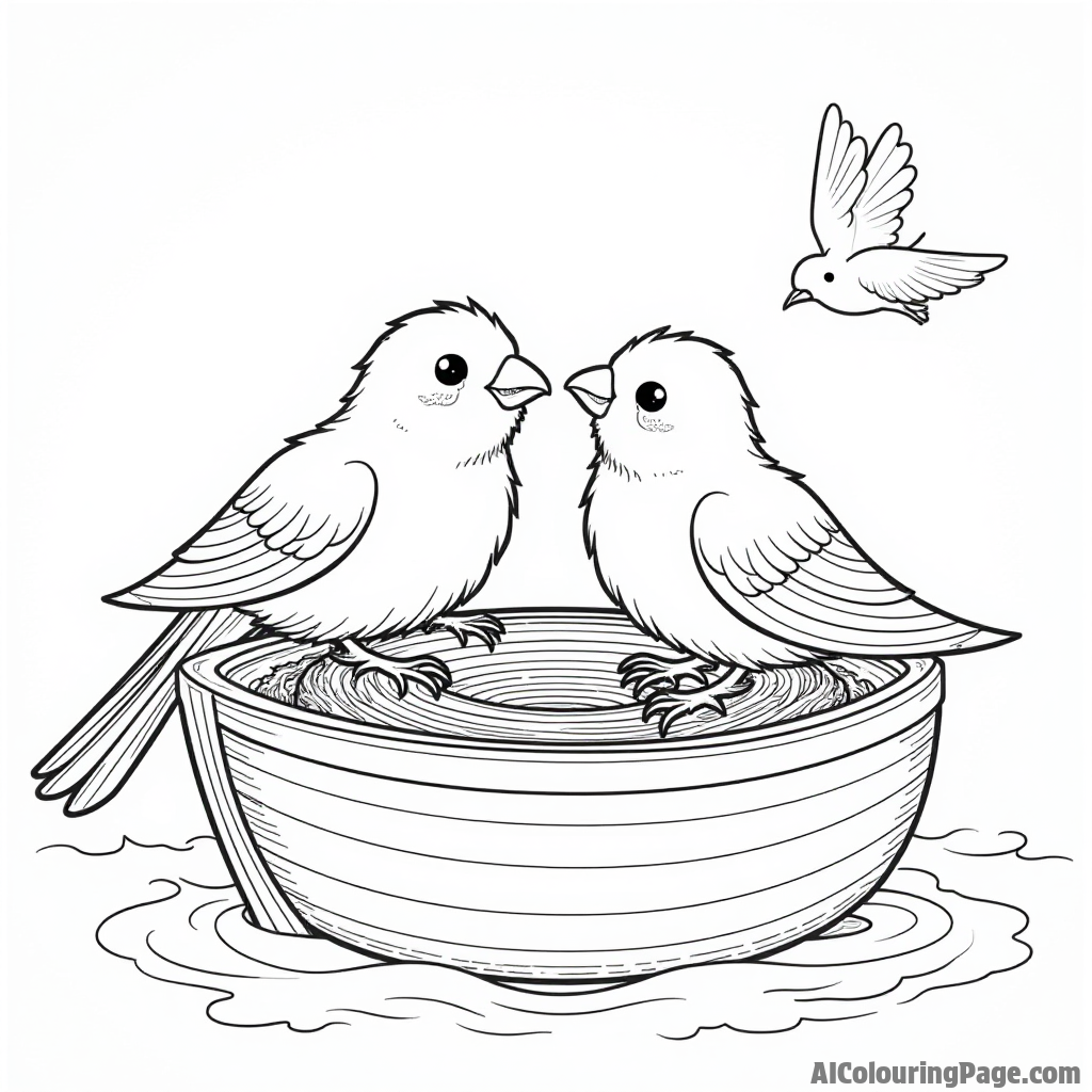 A pair of lovebirds building a nest on the ark, with Noah watching happily as they flutter around.