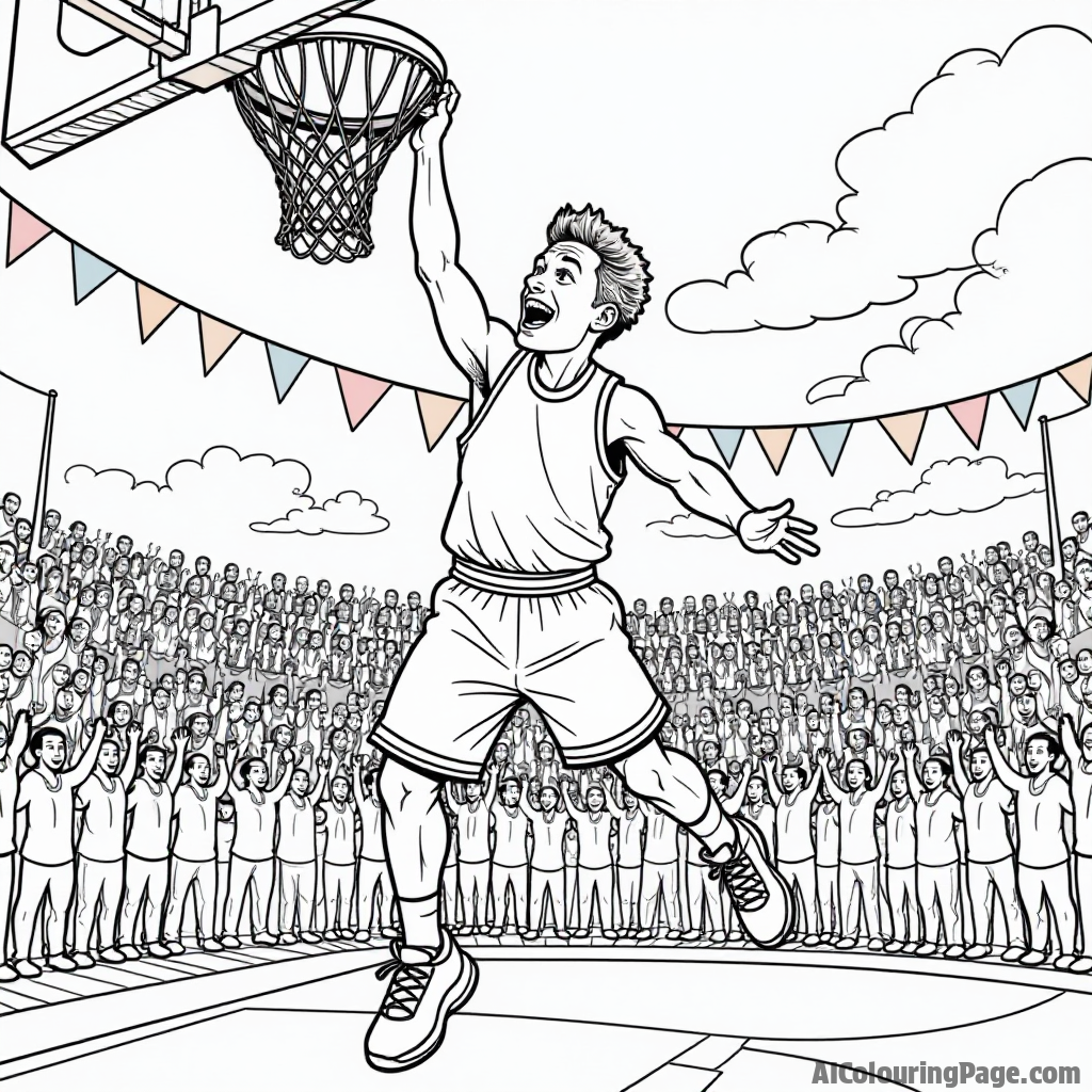 A cartoon basketball player performing a slam dunk, with an excited crowd in the background and colorful banners waving, ideal for an action-packed coloring page for kids.