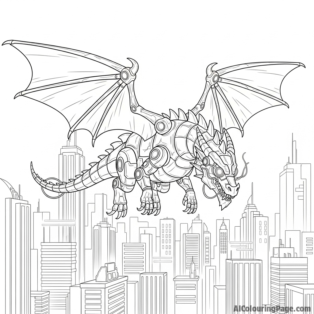 A futuristic bio-mechanical dragon integrated with cybernetic parts, patrolling a neon-lit cityscape.